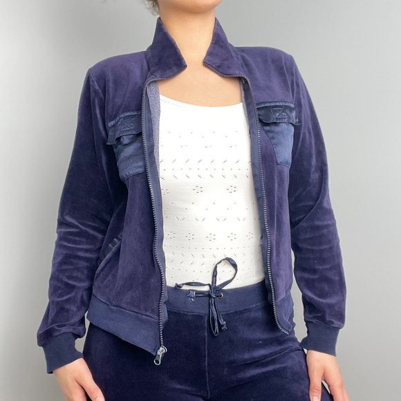 Y2K Coolwear USA Navy Blue Velour Satin Tracksuit - Picture 2 of 6